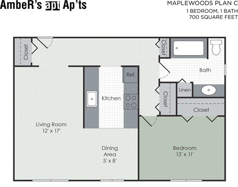 Floor plan for 1 bed, 1 bath, 693 sqft